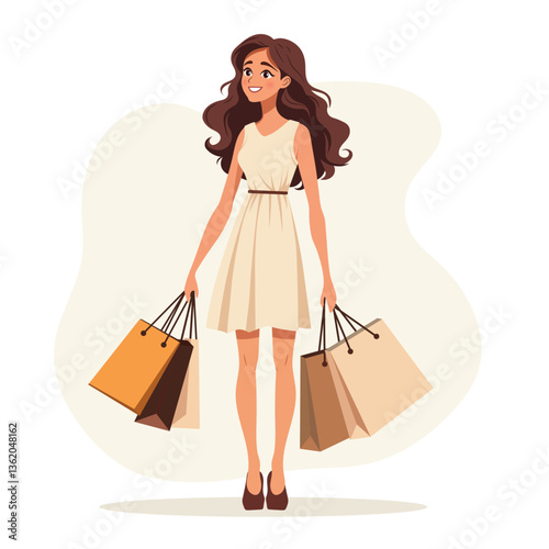 A happy young woman in a dress holds a lot of packages in her hands. Shopping at the mall with big discounts on sale. Isolated vector illustration on a white background in a flat style