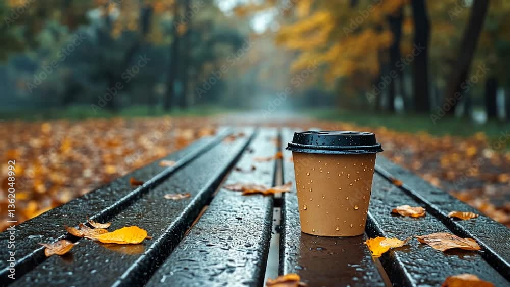 Autumn coffee break in park, wet bench, tranquil scene, ideal for a coffee break in nature Autumn coffee break in park, wet bench, tranquil scene, ideal for a coffee break in nature