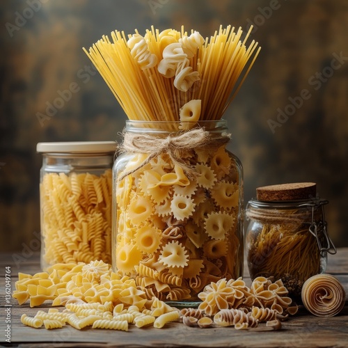 Still life of glass jar filled with various pasta