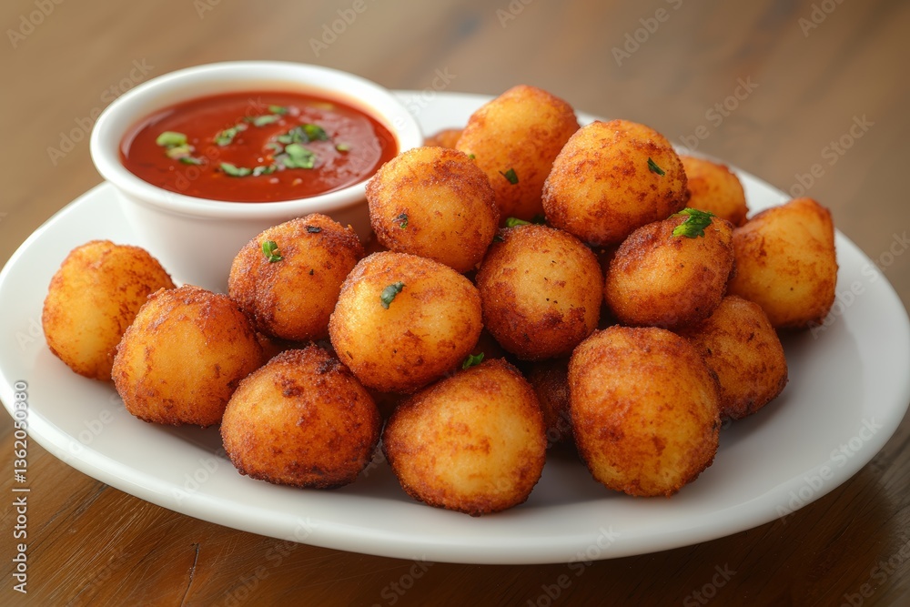 Close-up of akara, spiced bean fritters, beautifully arranged on white plate, garnished with herbs, accompanied by bowl of red chutney. Concept of akara showcasing appetizing and vibrant cuisine. Close-up of akara, spiced bean fritters, beautifully arranged on white plate, garnished with herbs, accompanied by bowl of red chutney. Concept of akara showcasing appetizing and vibrant cuisine.
