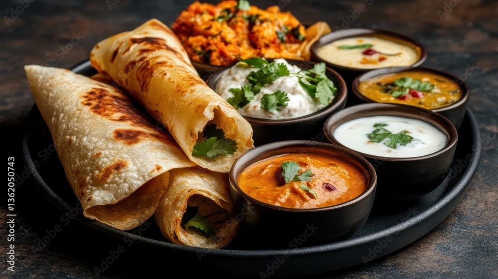 A satisfying assortment of pancakes served alongside various dips and fresh salads, emphasizing the colorful, healthy, and gourmet essence of a delightful culinary experience. A satisfying assortment of pancakes served alongside various dips and fresh salads, emphasizing the colorful, healthy, and gourmet essence of a delightful culinary experience.