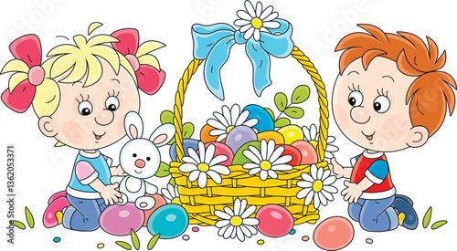 Cute little boy and girl playing happily with painted Easter gift eggs and a toy bunny from a wicker basket decorated with a bow and flowers, vector cartoon illustration on a white background