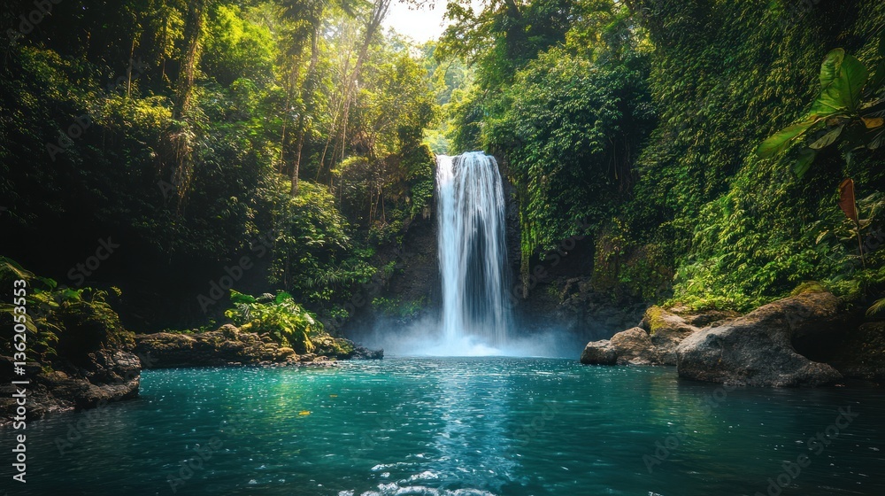 Naklejka premium Breathtaking bali waterfall cascading into turquoise pool surrounded lush vegetation