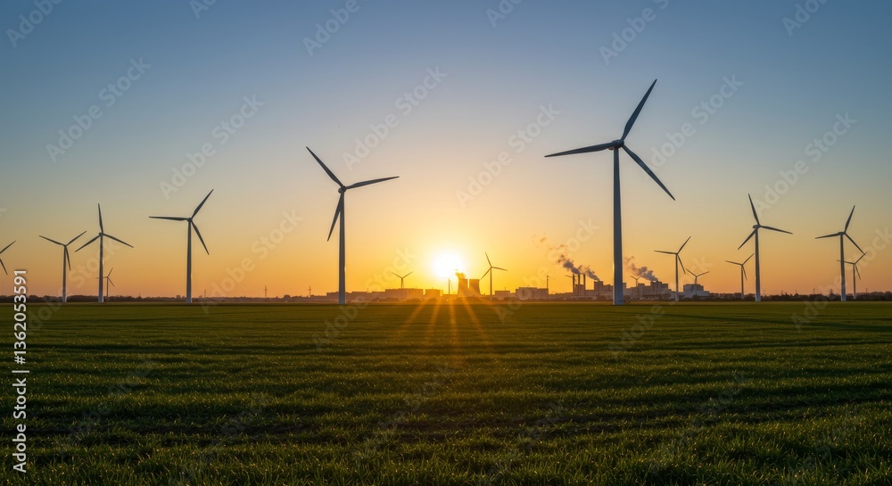 Wind turbines stand over a field during a bright sunset landscape Wind turbines stand over a field during a bright sunset landscape