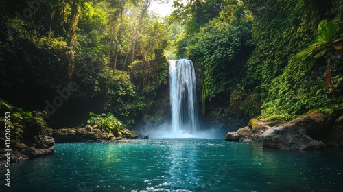 Breathtaking bali waterfall cascading into turquoise pool surrounded lush vegetation