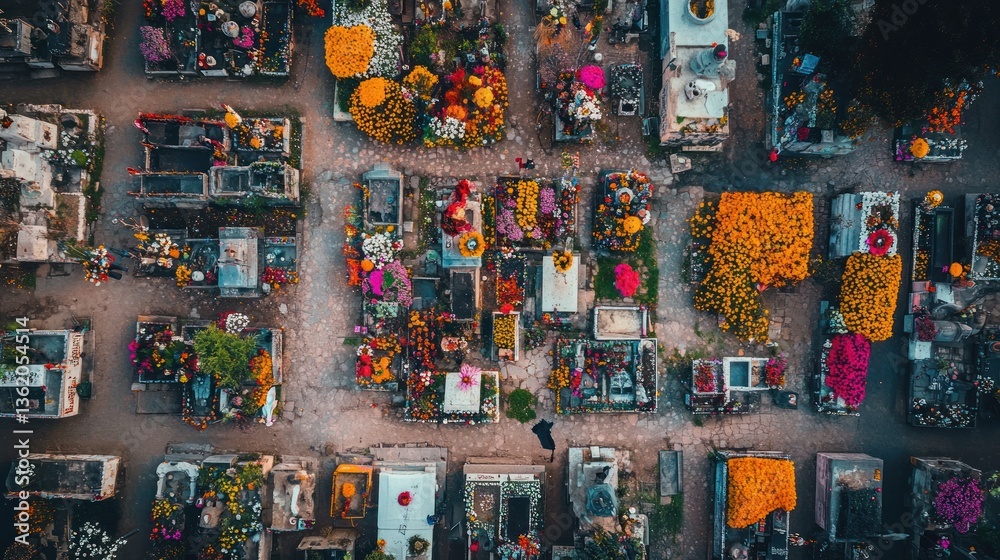 Fototapeta premium Aerial view of a Cemetery adorned with vibrant flowers marking Day of the Dead