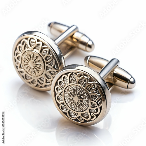 Intricate silver cufflinks isolated on transparent background  
