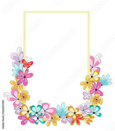 Bright easter rectangular frame with colorful flowers and butterflies. Easter celebration background. Spring frame for card, invitation.