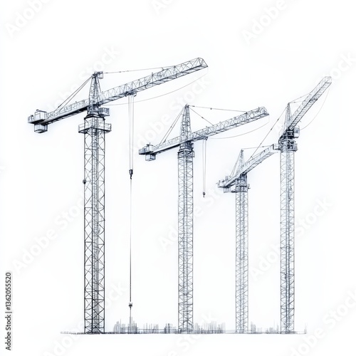 Cranes in formation: A blue-toned industrial sketch of construction site with machinery under a stark white backdrop.