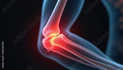 Close-up view elbow joint with red highlighting, indicating pain or inflammation. Medical illustration, anatomy study, healthcare, orthopedic, joint problems concept.