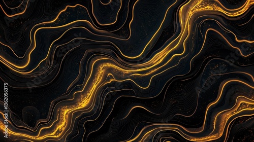 Topographic map contour background, line pattern. Concept of a conditional geography scheme and the terrain path. Golden and black organic wallpaper. illustration