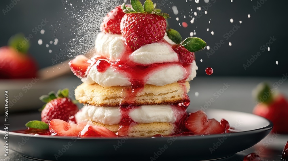 A delectable stack of strawberry shortcake layered with cream and fresh strawberries, showcasing the essence of summer desserts and the joy of indulgent treats.