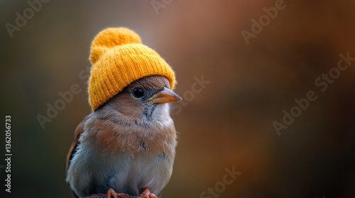 An adorable bird adorned with a cheerful yellow hat adds charm to the picturesque autumn scene, encapsulating joy and creativity in the vibrant colors of nature.