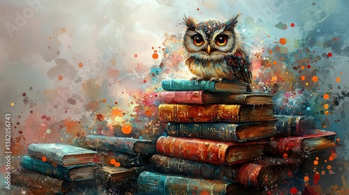 A whimsical watercolor painting, rendered with the artistry of a master, depicts a majestic owl perched atop a towering stack of books, its amber eyes gazing out at the world with wisdom and 