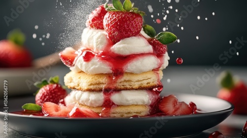 Obraz na płótnie A delectable stack of strawberry shortcake layered with cream and fresh strawberries, showcasing the essence of summer desserts and the joy of indulgent treats. w salonie