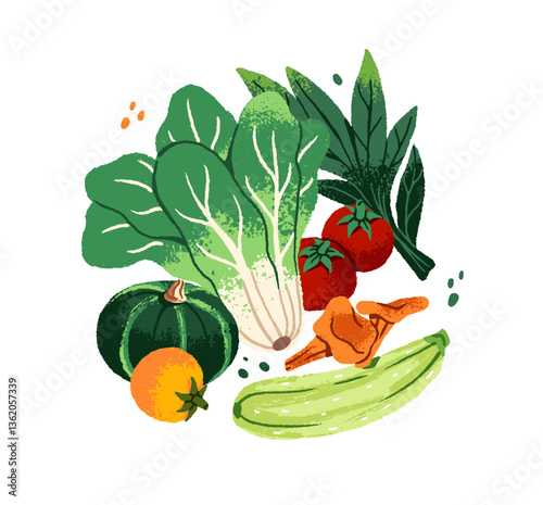 Healthy food composition. Different fresh vegetables, natural farm harvest. Autumn crop: salad, zucchini, tomato, greenery, mushrooms. Flat isolated hand drawn vector illustration on white background