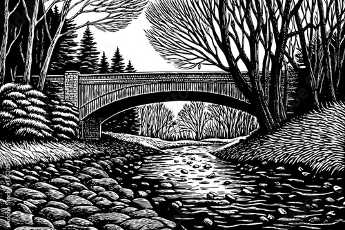 Fantastic Autumn Landscape with rocky bridge and river black and  white hand drawn sketch