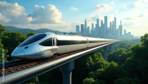 Wallpaper Mural environmentally friendly rapid transit system on concrete bridge connecting green forest area with downtown urban skyscrapers- future world  Torontodigital.ca