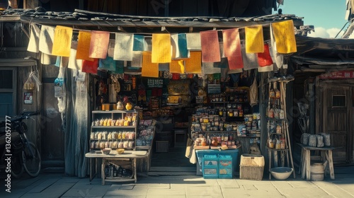 Colorful market stall adorned with prayer flags, bustling with local goods