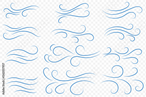 Doodle blowing wind. Hand drawn air wave icon. Outline wind movement symbol isolated on transparent background. Climate sketch element. Vector decorative dash lines in the shape of a curve. EPS 10.