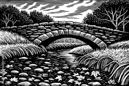 Fantastic Autumn Landscape with rocky bridge and river black and  white hand drawn sketch