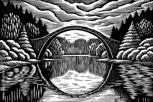Fantastic Autumn Landscape with rocky bridge and river black and  white hand drawn sketch