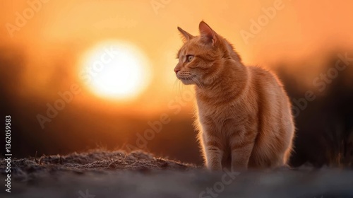 A charming silhouette of a ginger cat against a stunning sunset sky captures the essence of tranquility and the simple beauty of nature, evoking feelings of serenity and warmth.