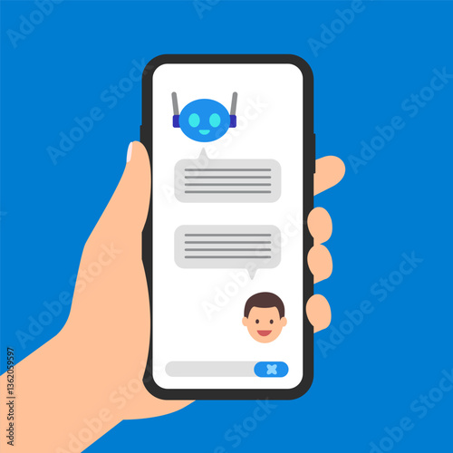 AI Assistant Robot Chat Message Dialogue Smartphone App with Hand Holding Mobile Artificial Intelligence Application for Conversation Interaction Smart Technology Future Innovation Communication