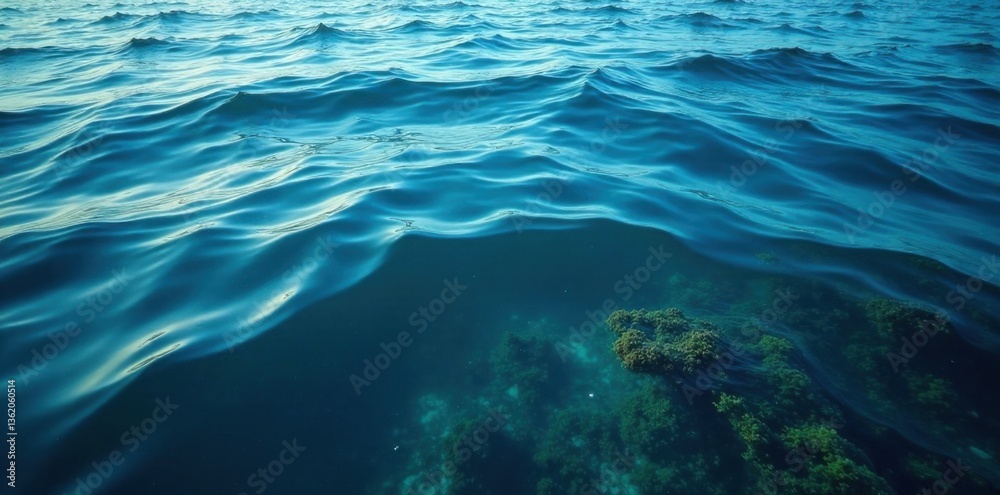 Naklejka premium Dark blue ocean surface with gentle waves and seaweed floating , aquatic, marine life, deep blue