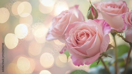 A delicate pastel pink rose bouquet with a soft-focus background