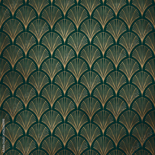 Seamless Art Deco Fan Pattern – Elegant Gold & Green Wallpaper

