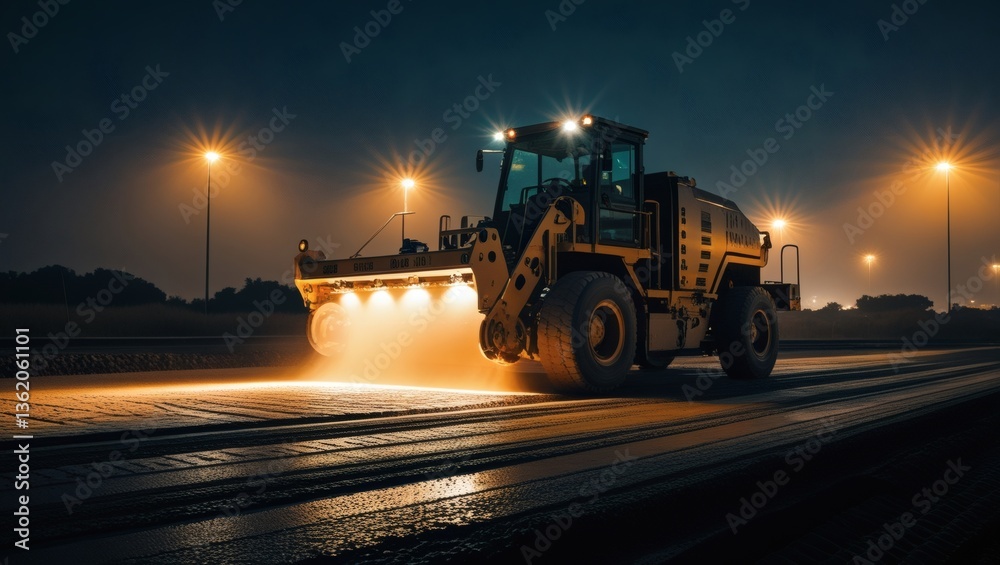 Fototapeta premium Road paver machine operates under bright artificial floodlights at midnight