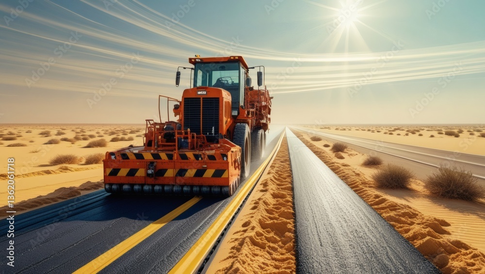 Road paver machine lays down fresh asphalt on an empty desert highway
