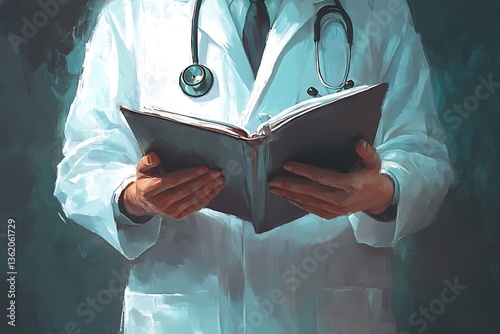 Painting of Doctor Holding Book with Stethoscope and Lab Coat Isolated Closeup