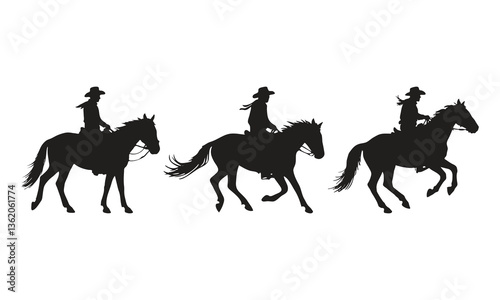 Cowboy Riding Horse Logo Icon set, Three Horse Riders in Various Poses From Side View Silhouette Vector design.