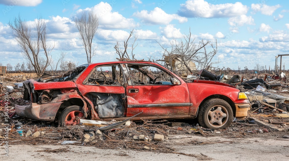 Aftermath of a Tornado: A Damaged Car Amidst Debris Aftermath of a Tornado: A Damaged Car Amidst Debris