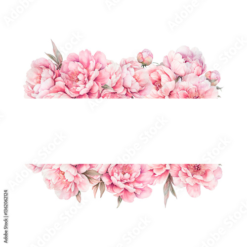 Elegant watercolor banner with soft pink peonies and blank space for text. Perfect for invitations, greeting cards, wedding designs, branding, marketing, floral decorations, and romantic themes.