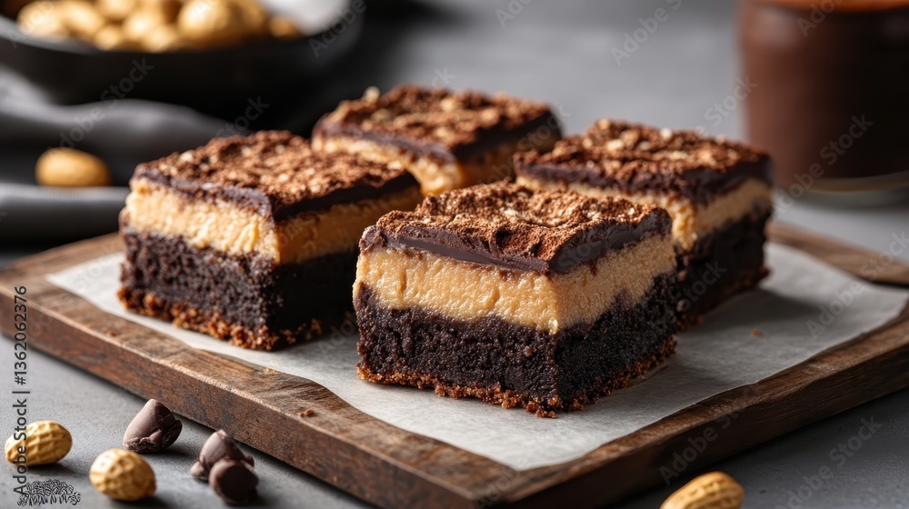 This mouth-watering image portrays perfectly layered brownie slices topped with creamy textures and chocolate, beautifully arranged to entice dessert lovers and food enthusiasts alike. This mouth-watering image portrays perfectly layered brownie slices topped with creamy textures and chocolate, beautifully arranged to entice dessert lovers and food enthusiasts alike.