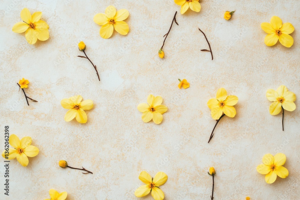 Obraz premium A gentle array of forsythia blossoms and delicate buds scattered on a textured beige surface creating beauty