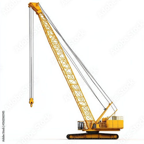 Yellow Crane with Extended Boom on White Background: A Detailed View of Construction Equipment.