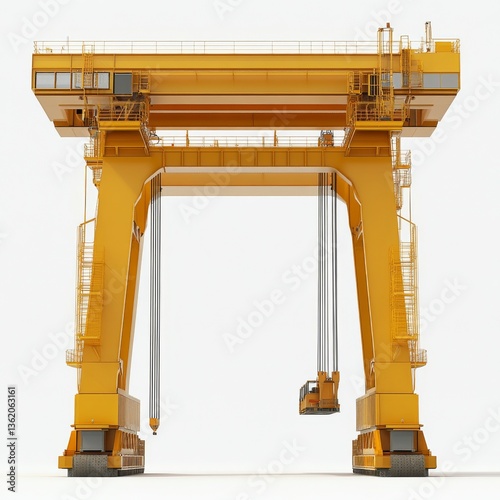 Yellow Goliath Crane on a White Background: A Powerful Industrial Lifting Machine with Visible Ropes and Cabin Detail