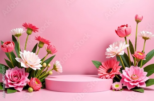 A stylish pink background with a minimalist podium surrounded by delicate flowers. Perfect for product presentation, branding, cosmetics, luxury items, and marketing visuals.