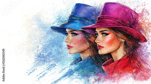 Portrait of two fashionable women wearing colorful hats against a vibrant, artistic background
