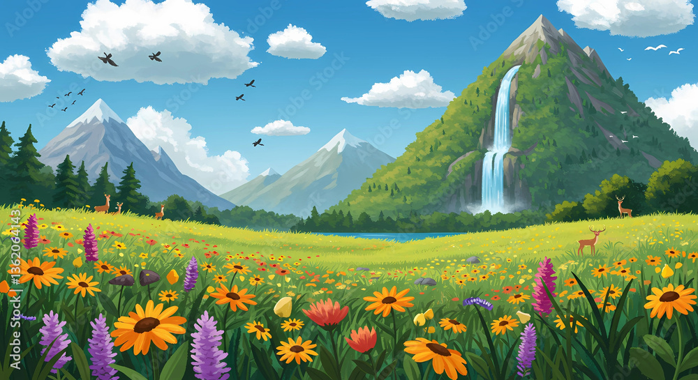 Fototapeta premium Landscape with mountains waterfall meadow and wildlife
