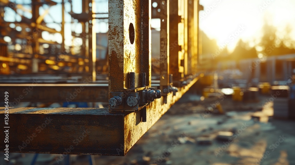 Fototapeta premium Golden Hour Construction Detail Rusty Metal Frame at Sunset