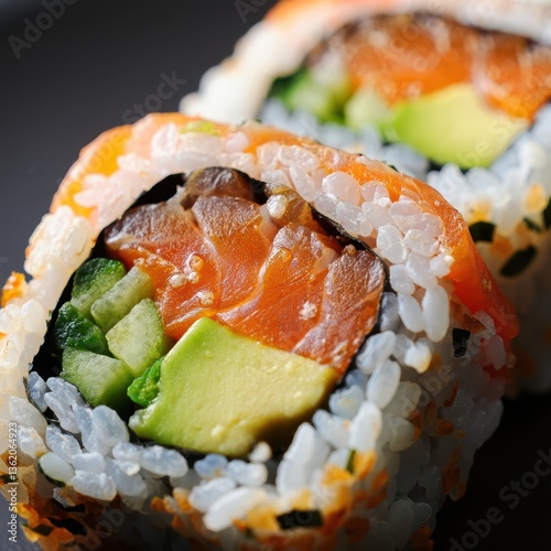 Close-up of fresh salmon and avocado sushi roll with rice and seaweed
