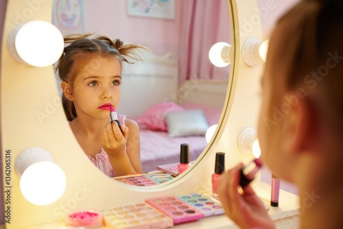 Young girl applying makeup at vanity mirror with lights