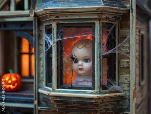 Spooky doll in haunted house window with spider and halloween pumpkin