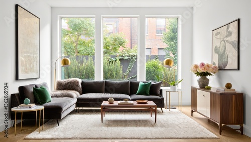 Modern living room with stylish decor and large windows offering natural light