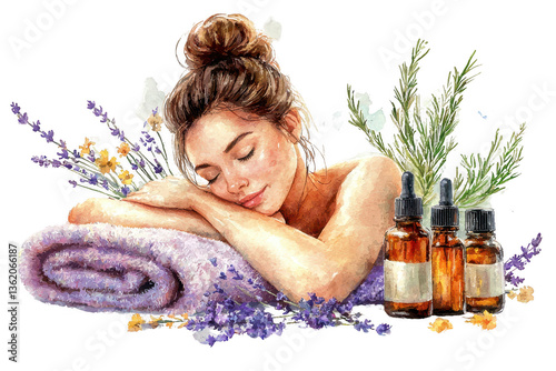 A serene woman relaxes on a rolled towel, surrounded by lavender and essential oil bottles, embodying tranquility and self-care.